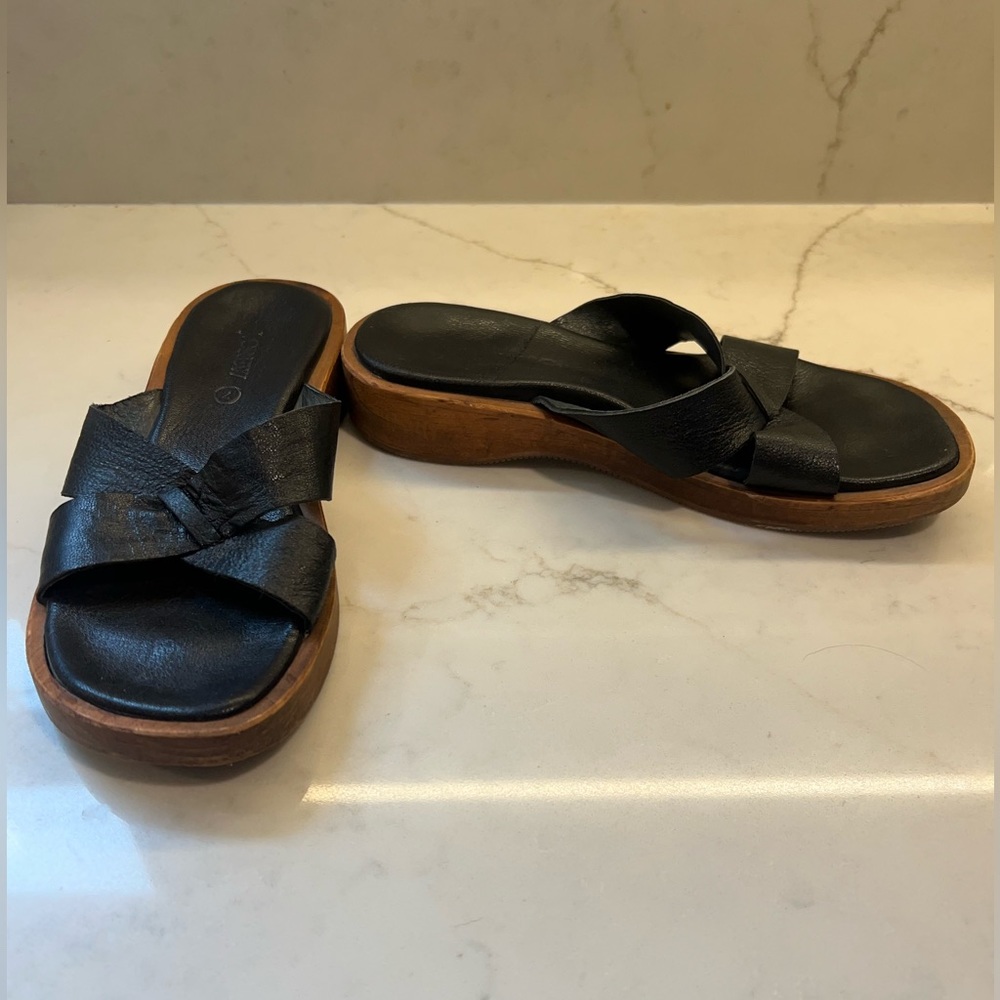 J. Crew Black Leather Wooden Heel Sandals Cross Straps Neutral Minimalist Chic - Picture 3 of 10